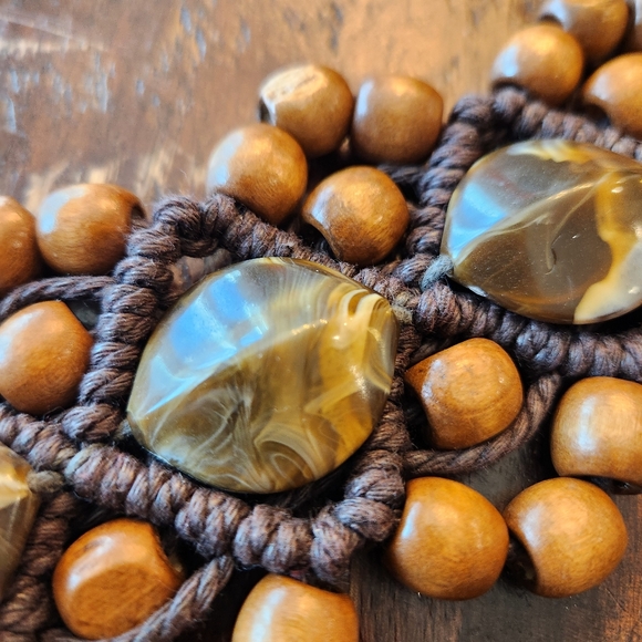 Vintage 70s Macramé Belt Wooden Beads and Tigers Eye Agate 69" BOHO Retro Hippie - Picture 12 of 13